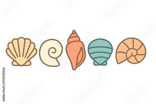 Colorful stylized seashells collection representing ocean life and summer symbols
