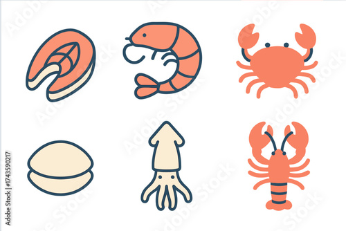 Colorful collection of six marine seafood items: salmon, shrimp, crab, clam, squid, and lobster