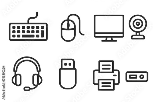 Essential computer hardware peripherals and office equipment icons collection