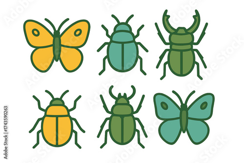 Colorful stylized insect collection featuring butterflies and various beetles