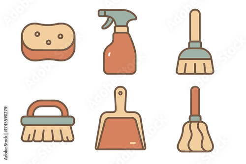 Set of six essential household cleaning tools and supplies in modern flat design