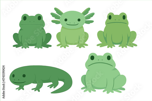 Cute green amphibian set with frogs, smiling axolotl, and salamander characters