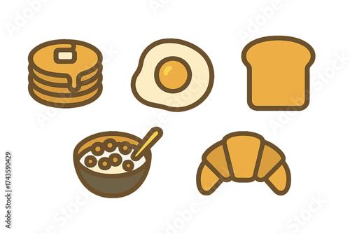 Collection of popular morning meal icons including pancakes, fried egg, toast, cereal, and croissant