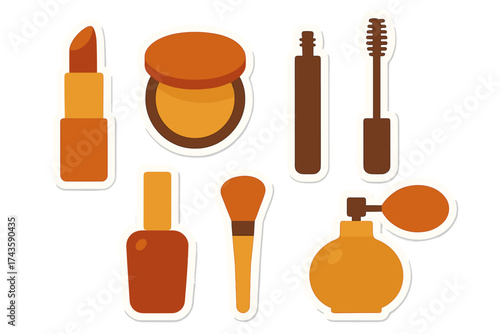 Collection of essential cosmetic products including lipstick, powder, mascara, and perfume