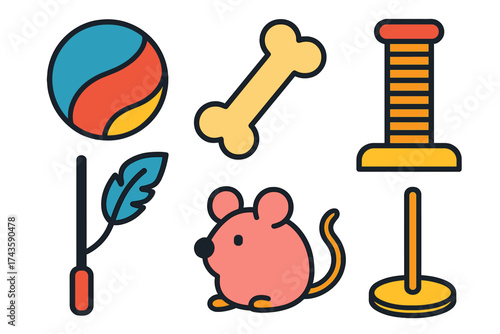Collection of colorful pet toys and accessories icons including a ball, bone, mouse, and scratching post