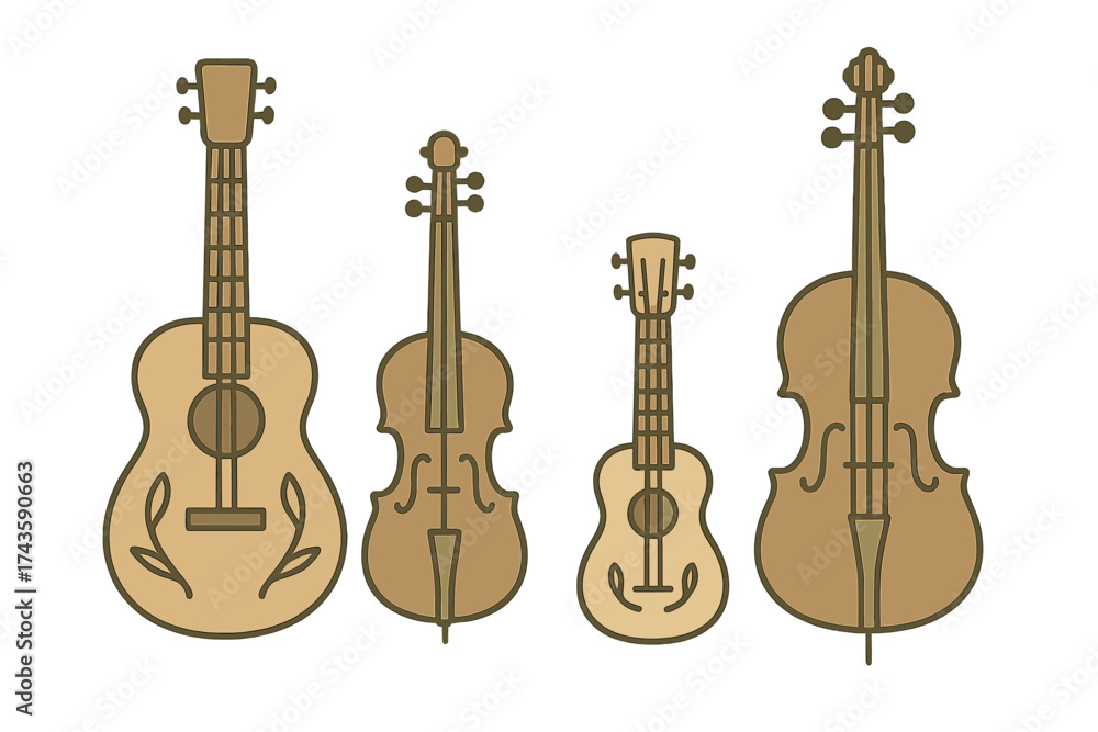 Fototapeta premium Collection of string instruments: guitar, violin, ukulele, and upright bass