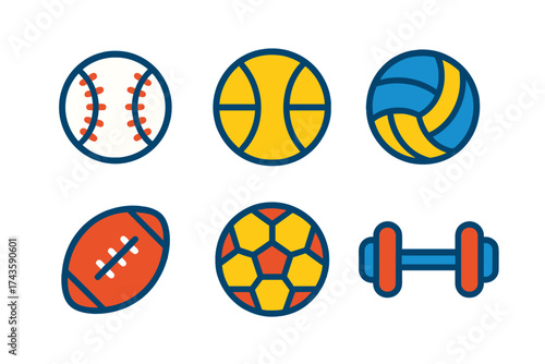 Colorful set of six sports and fitness equipment icons featuring various balls and a dumbbell
