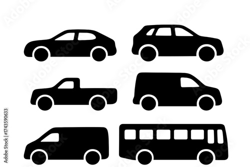 Transportation vehicle silhouettes including car SUV van pickup truck and bus