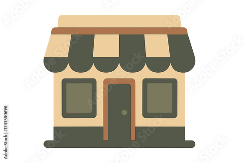 Small retail shop building facade with striped awning and display windows