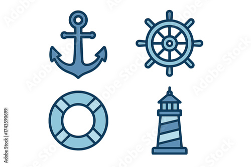 Set of four blue nautical icons including anchor, ship steering wheel, life preserver, and lighthouse symbols