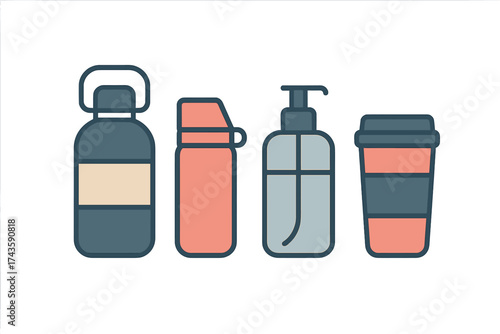 Eco-friendly reusable containers set featuring water bottles, soap dispenser, and insulated coffee cup