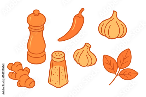 Stylized collection of essential kitchen spices and seasoning ingredients including pepper mill and ginger root