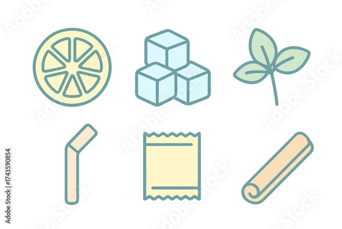 Set of cocktail ingredients and drink accessories including lemon, ice, mint, straw, sugar, and cinnamon