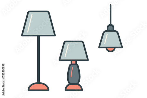 Collection of modern home lighting fixtures including floor, desk, and pendant lamps