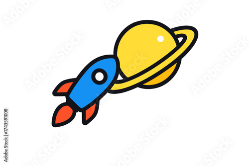 Blue rocket ship flying past a yellow ringed planet in outer space