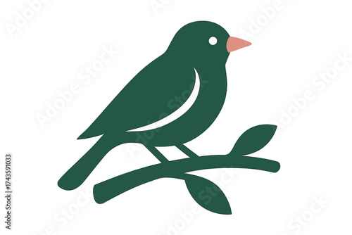 Stylized dark green songbird perched on a simple leafy branch design
