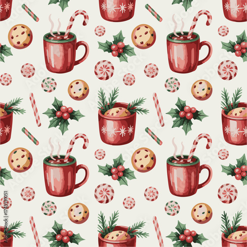 Cozy christmas seamless pattern with hot chocolate cookies and candy canes