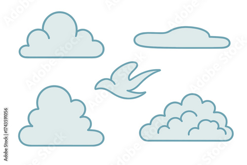 Collection of various stylized fluffy clouds and a small simple bird flying