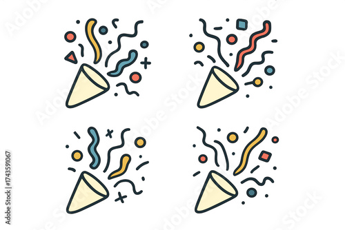 Seamless repeating pattern of colorful party poppers and abstract confetti shapes for celebration background