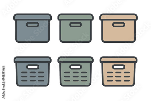 Collection of six different colored storage boxes and plastic containers for organization and archiving purposes