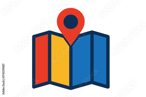 Colorful folded map icon graphic with a prominent red location pin for destination tracking