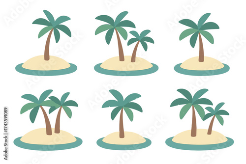 Seamless repeating pattern of cute tropical islands with palm trees and turquoise ocean water