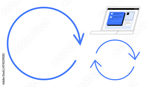 Two blue circular arrows of different sizes signifying cycle or process repetition with a laptop screen displaying system updates. Ideal for workflow, process optimization, automation, software