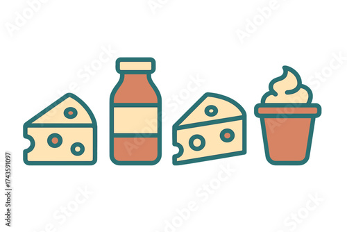 Set of essential dairy products including cheese, bottled milk, and creamy yogurt