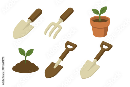 Collection of essential gardening tools and young plants including shovel, trowel, fork, and seedlings