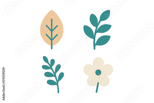 Stylized collection of natural elements featuring leaves, branches, and a blooming flower