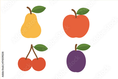 Four colorful fruits including a yellow pear, red apple, purple plum, and bright red cherries
