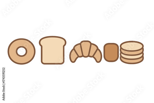 Minimalist icons of common breakfast foods including bagel, sliced bread, croissant, and stacked pancakes
