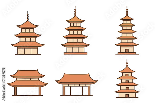 Traditional East Asian religious buildings and tiered pagodas architectural icons set