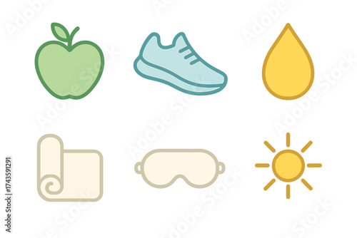 Essential wellness symbols for healthy lifestyle habits, fitness, diet, sleep, and hydration