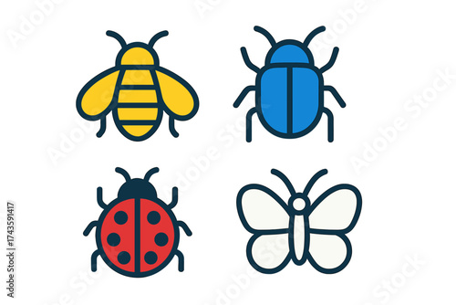 Colorful insect icons set featuring bee, beetle, ladybug, and butterfly