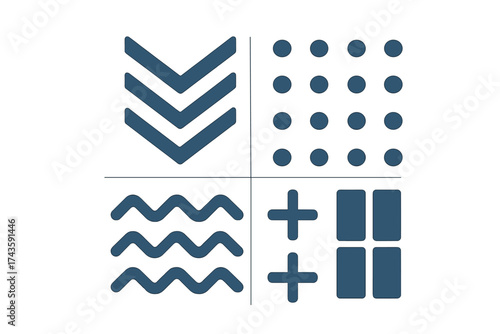 Abstract geometric pattern set with chevrons, dots, waves, crosses, and rectangles