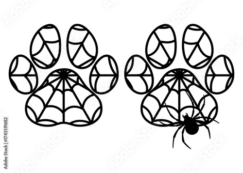 Logo pet friendly. Zarpa de perro o gato con tela de araña y araña para felicitaciones y tarjetas de Halloween