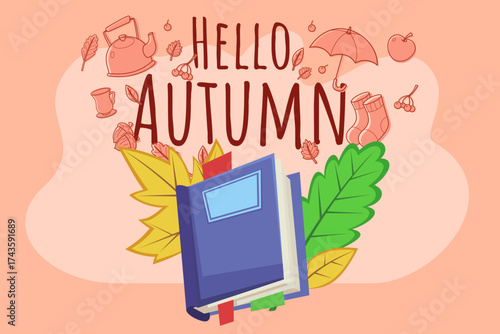 Autumn vibe with leaves, cozy books, and seasonal elements like umbrellas and acorns. Cheerful seasonal transition concept