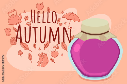 Colorful jar of jam in front of autumn-themed decorations. Leaves, fruit, and cozy items like socks, capturing warmth and essence of season