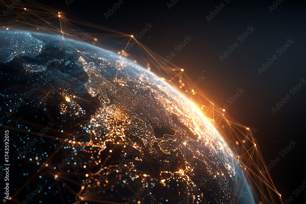 Obraz premium Global Network: A stunning depiction of the Earth, illuminated with city lights and interconnected by a network of glowing lines.