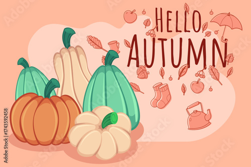 Brightly colored pumpkins arranged in varying sizes and shapes against background with autumn leaves, apples, and playful greeting for season