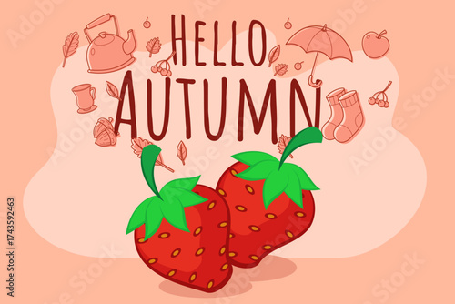 Strawberries against pink background, surrounded by autumn-themed icons like leaves, umbrellas, and cozy items. Fall season concept