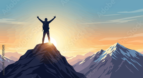 Silhouette of a triumphant backpacker atop a mountain peak under a golden sunrise sky