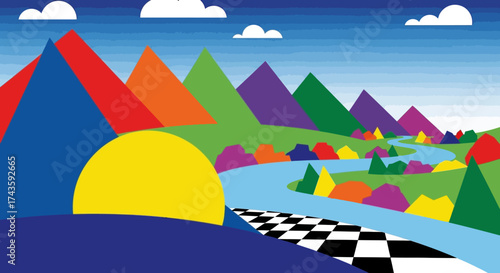 Geometric landscape with vibrant mountain range and a checkered path towards the setting sun