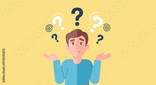 Man surrounded by question marks symbolizing uncertainty, confusion and searching for solutions in