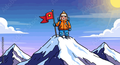 Cheerful mountain climber plants a flag on a snowy summit under a sunny and inspiring sky