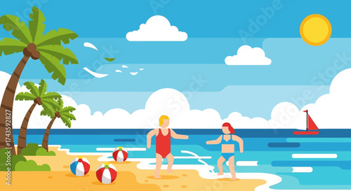 Vibrant beach scene illustration featuring playful children, palm trees and sailboat creating a