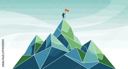Man silhouette conquering polygonal mountain peak with flag, embodying success and achievement