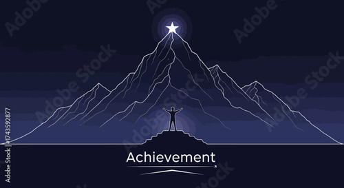 Reaching the summit: a silhouette celebrating triumph under a guiding star above mountains