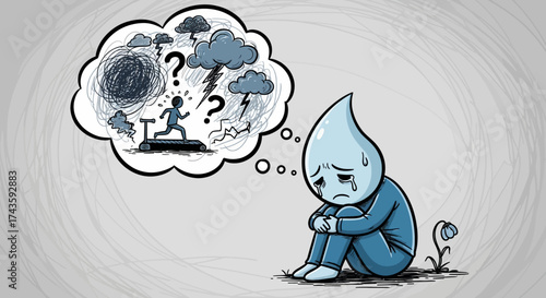 Conceptual illustration showcasing anxiety with a tearful character overwhelmed by stressful